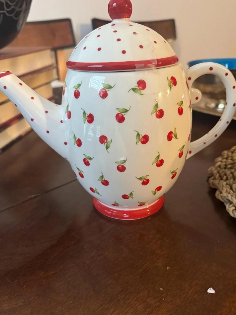 Hallmark Red & White Porcelain Teapot -Cherries and Polka Dots 6 Cup